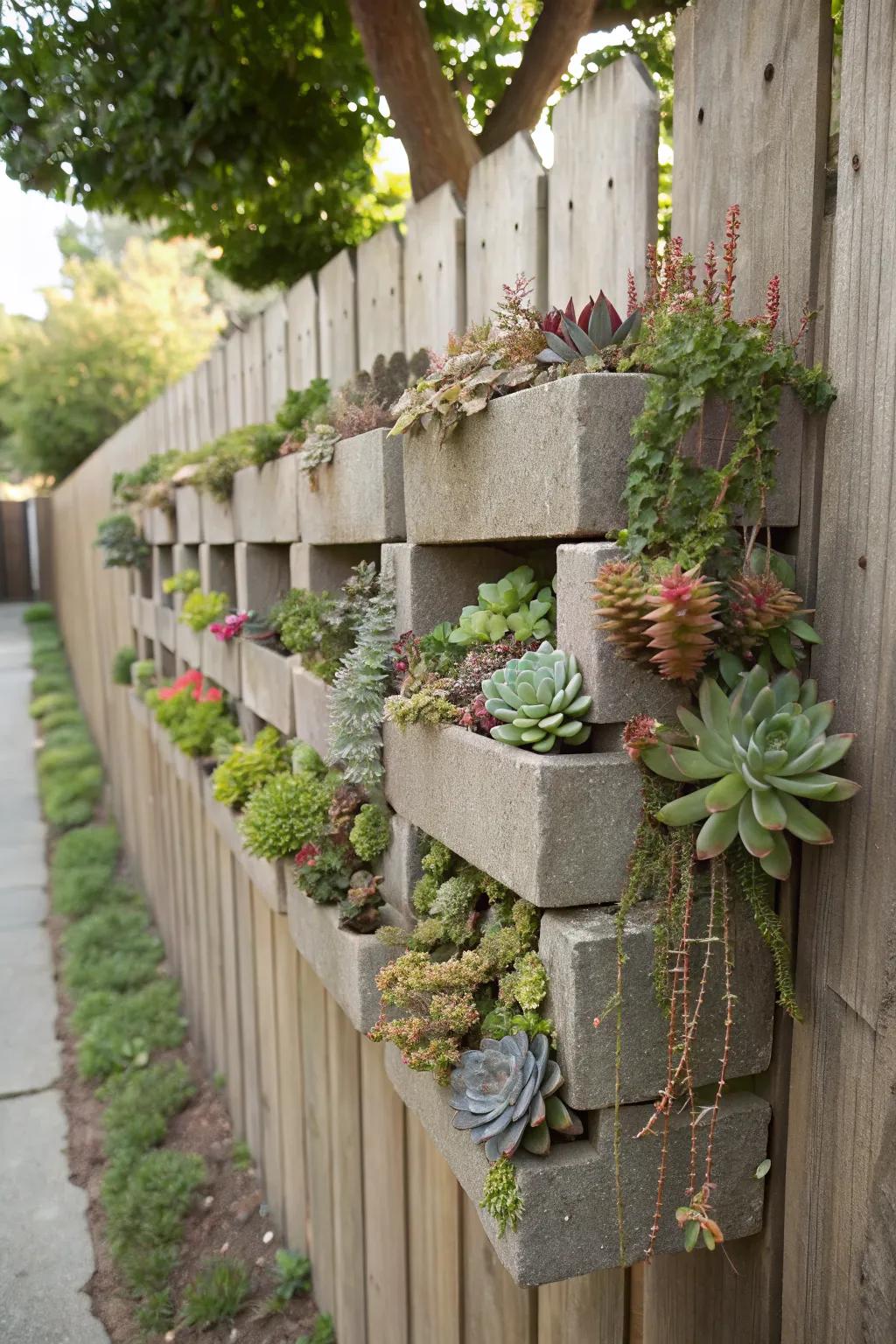 A vertical succulent wall using cinder blocks.