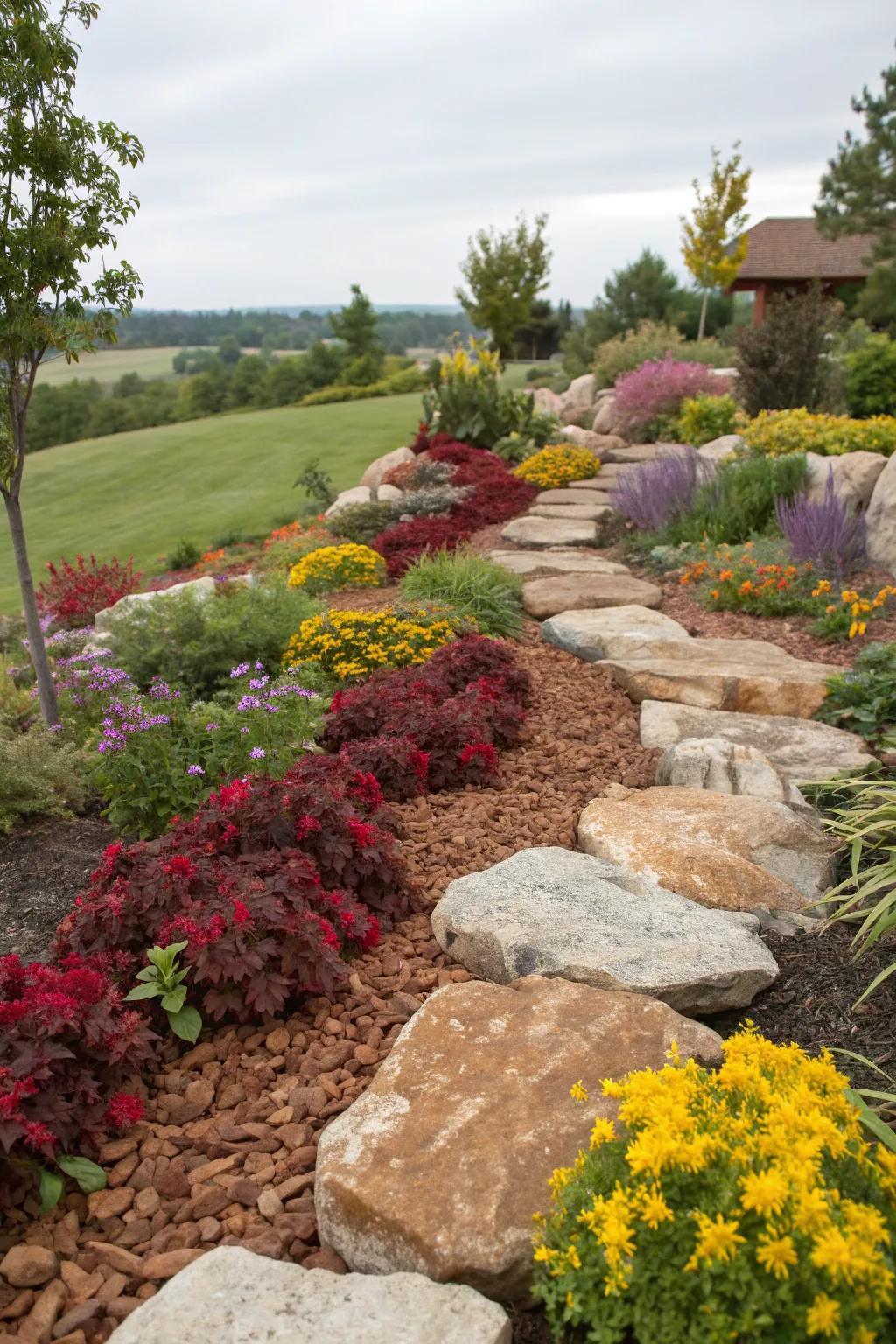 A stunning visual contrast with rocks and mulch.