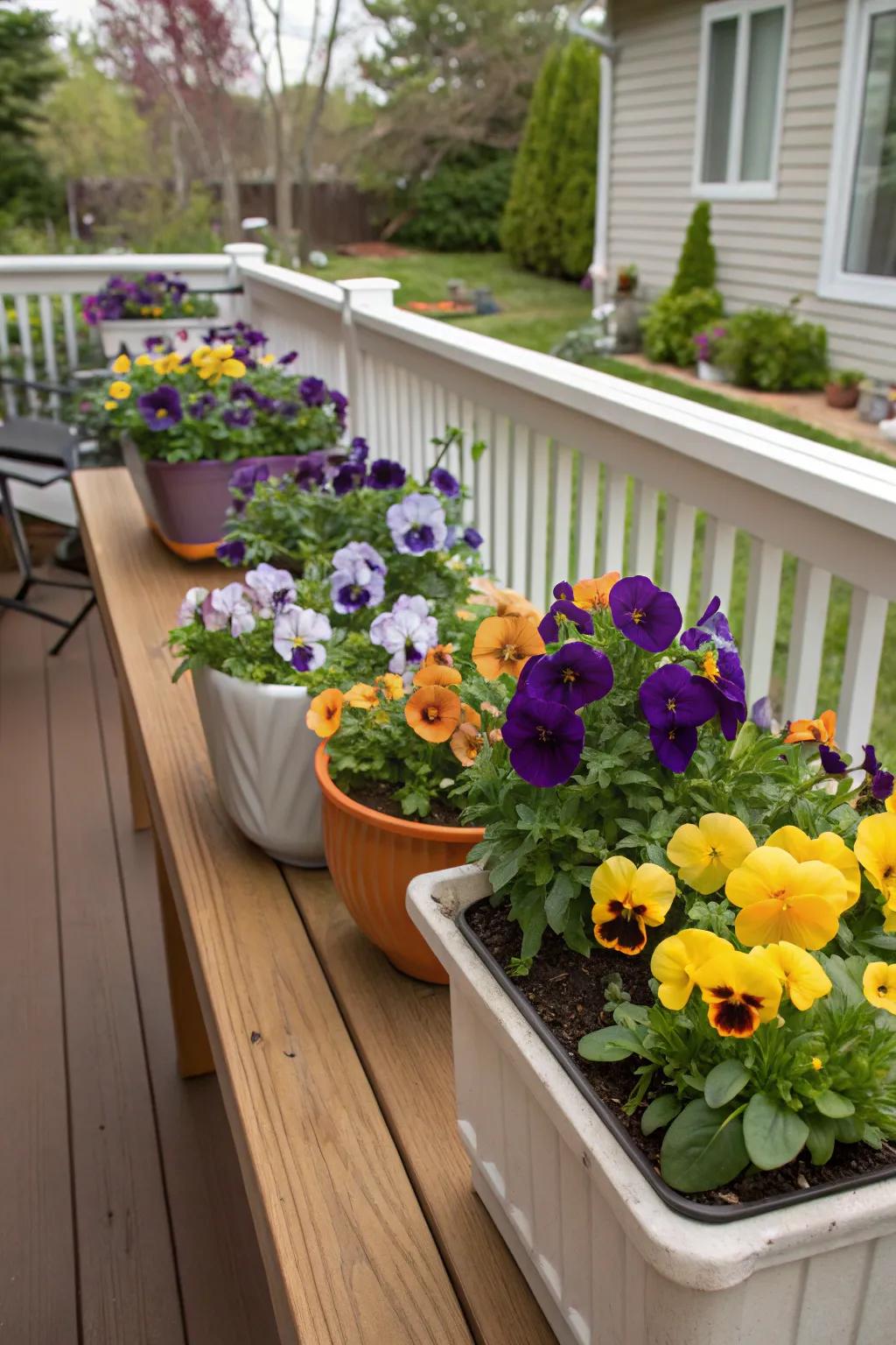 Colorful pansies in various containers creating a lively patio atmosphere.