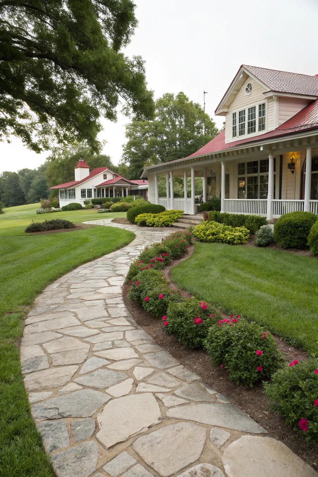 A scenic stone pathway elegantly leading to a ranch-style home's entrance.