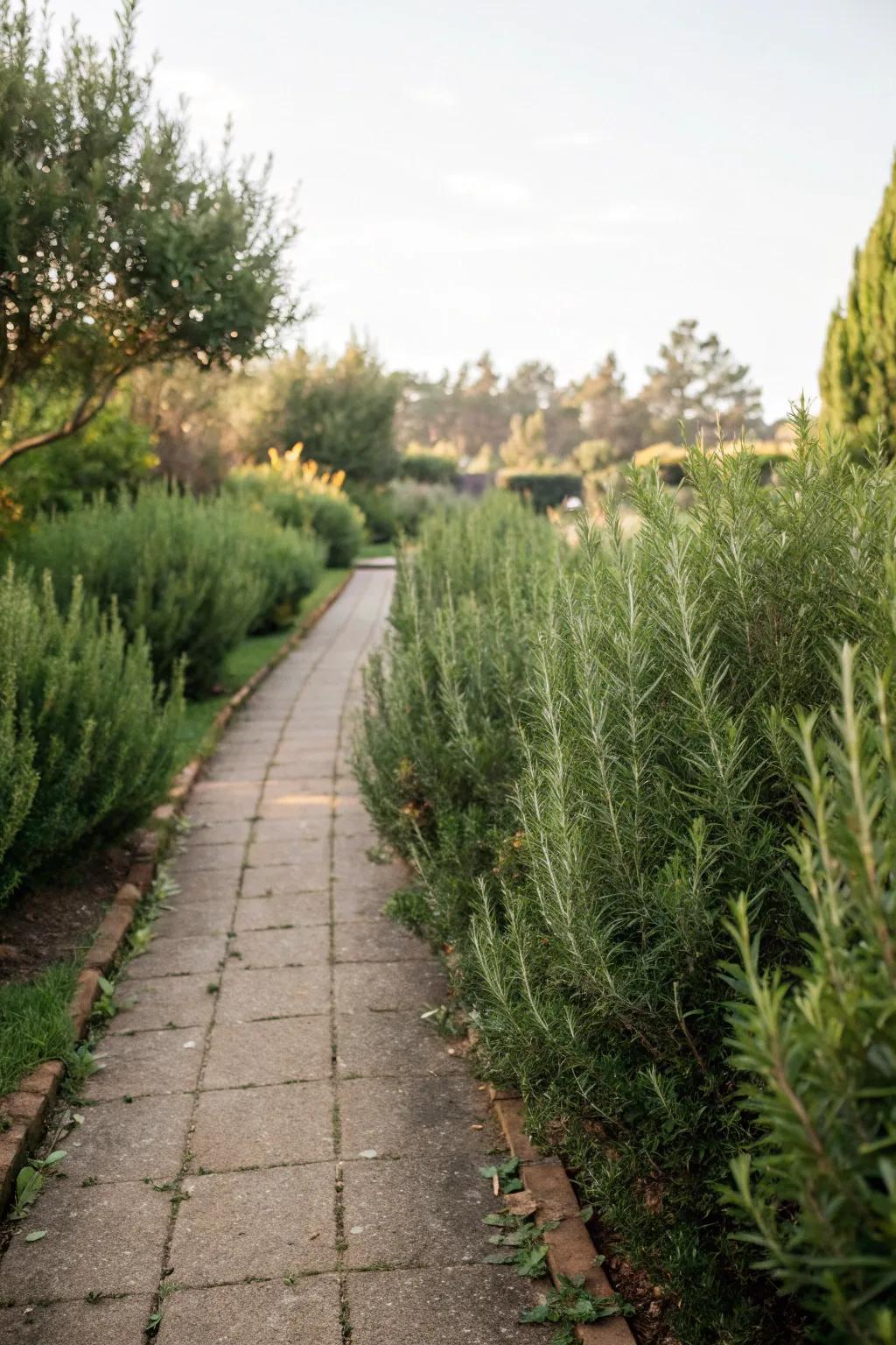 A garden path elegantly lined with rosemary bushes defining the border.