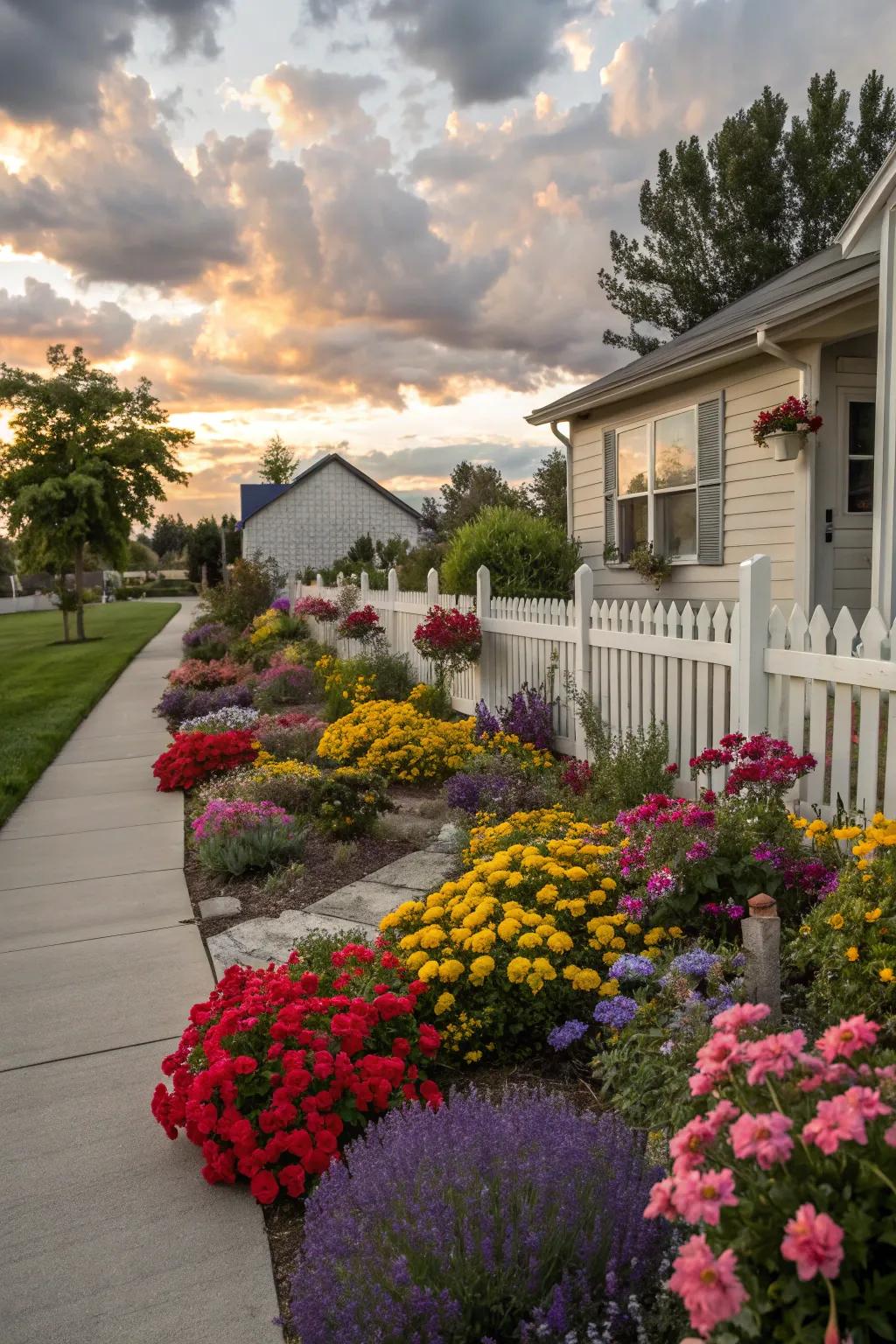 Flower beds bursting with color greet visitors with warmth and charm.