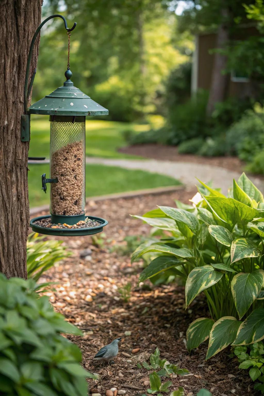 Mulch provides a clean and practical ground cover under bird feeders.