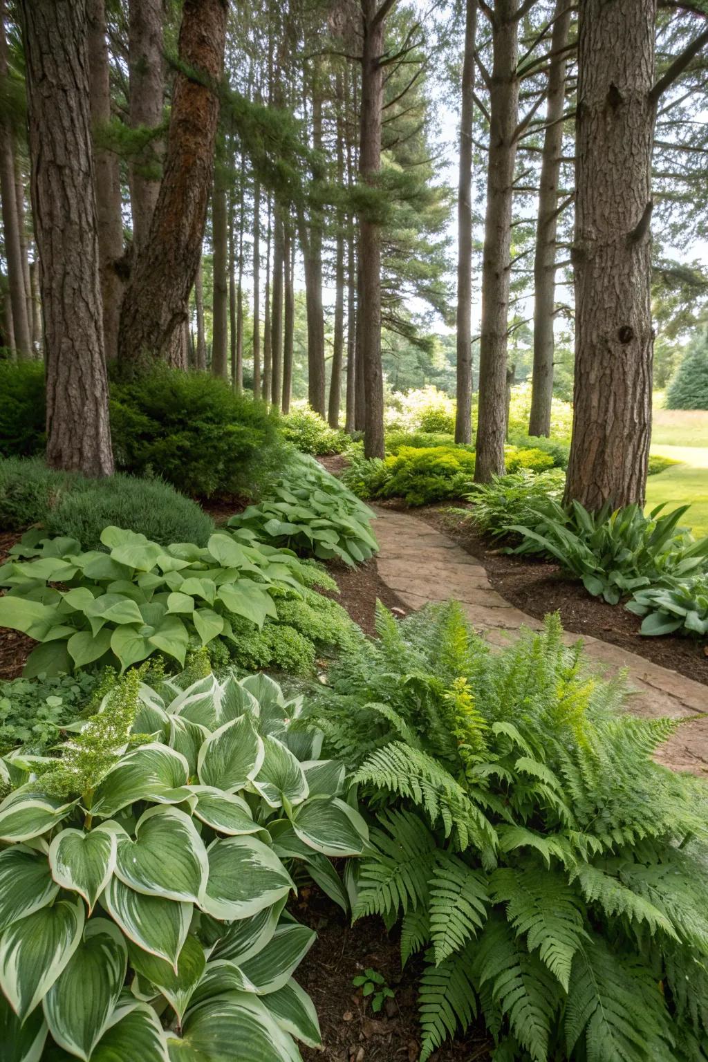 Shade-tolerant perennials adding texture under pine trees.