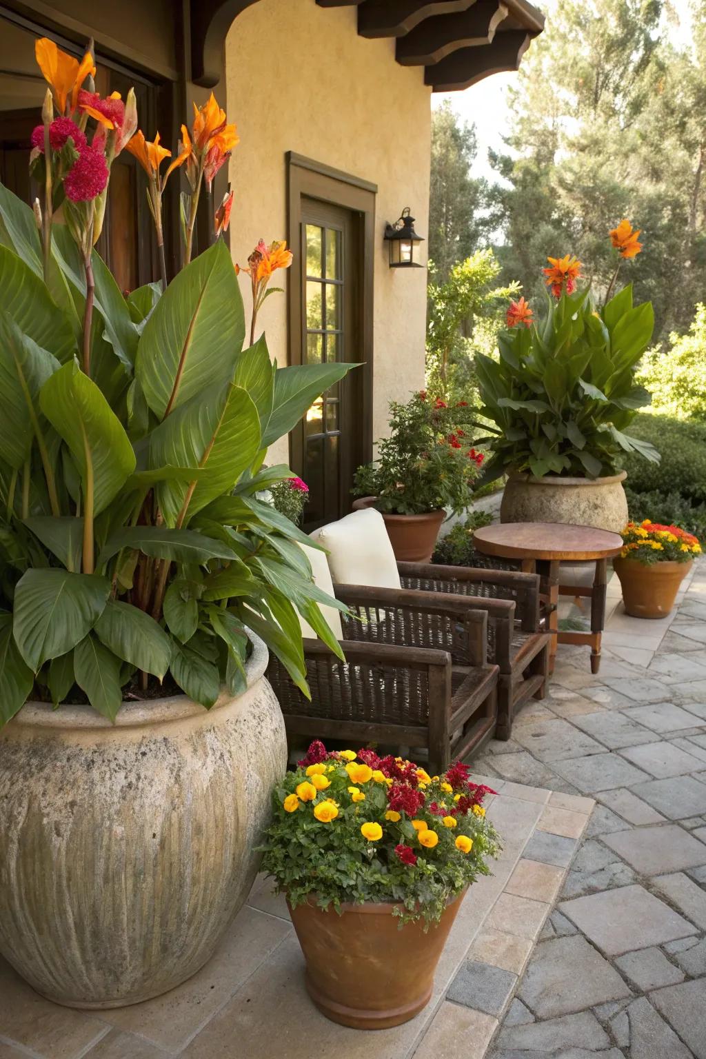 Canna lilies in decorative pots on a patio