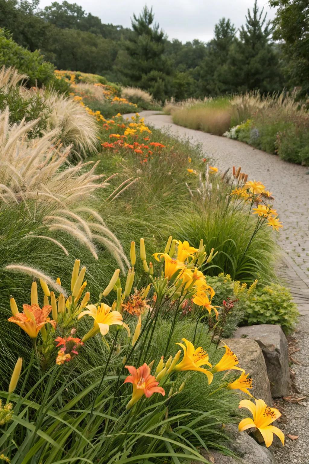 Daylilies and ornamental grasses create a dynamic duo.