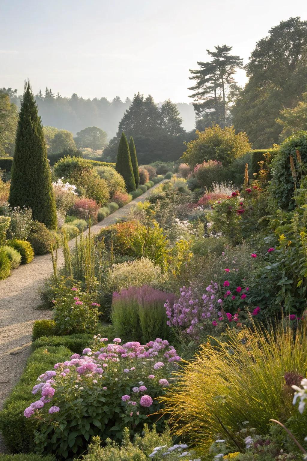 Layered planting with flowers of various heights and textures.