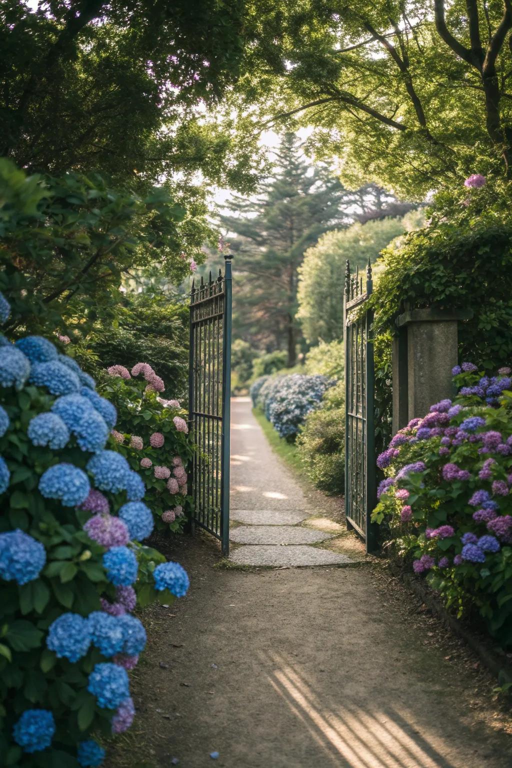 Create an inviting path with a border of blooming hydrangeas.