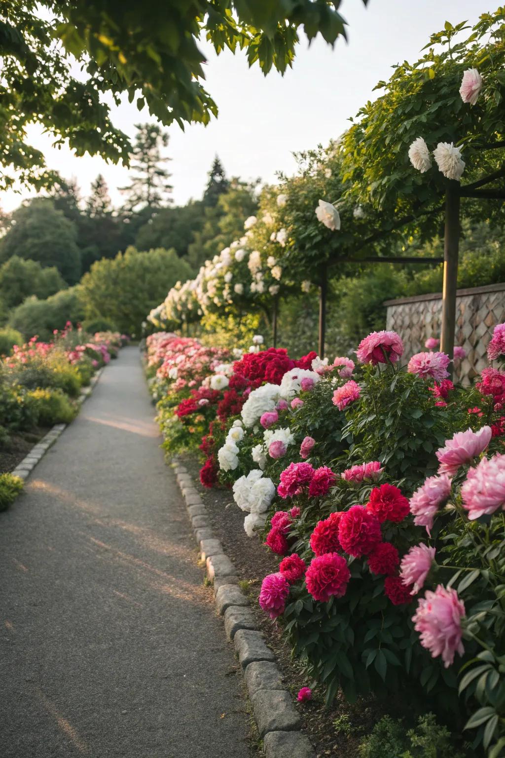 A structured peony border adds elegance to this garden pathway.