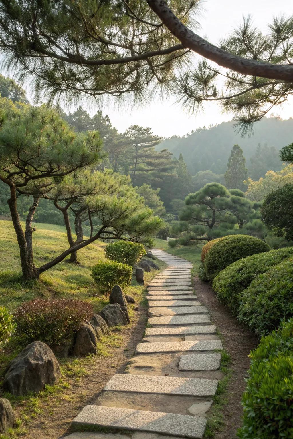 A charming pathway through a pine landscape.