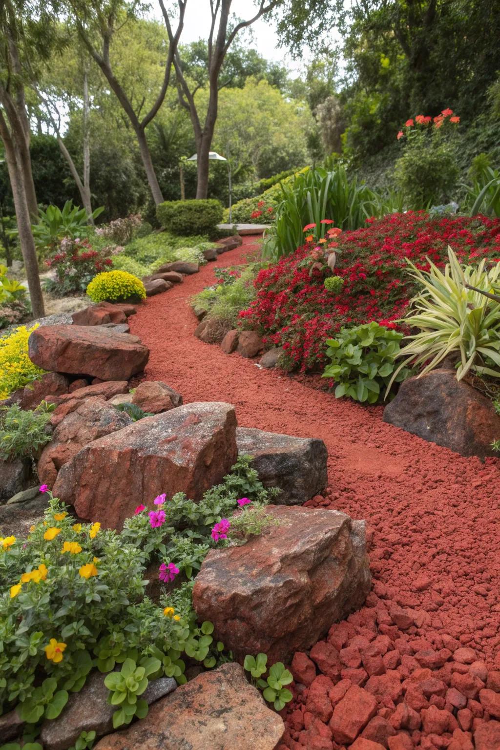 Red lava rocks as ground cover bring color and contrast to garden beds.