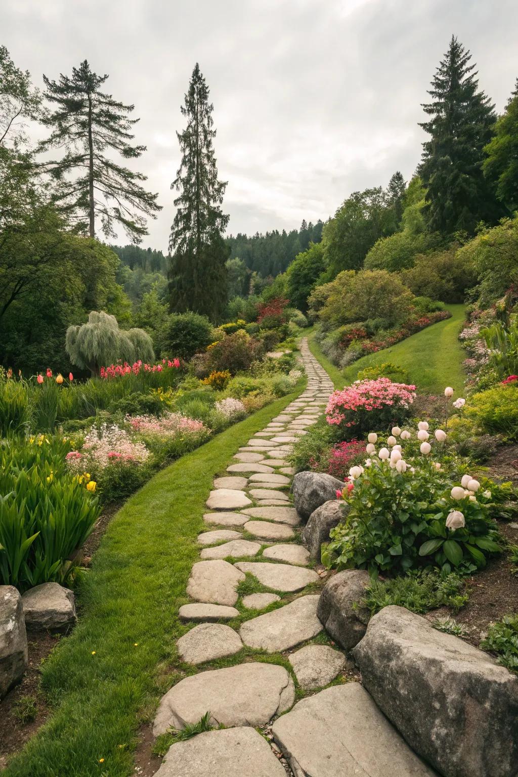 A charming garden path with rock edging