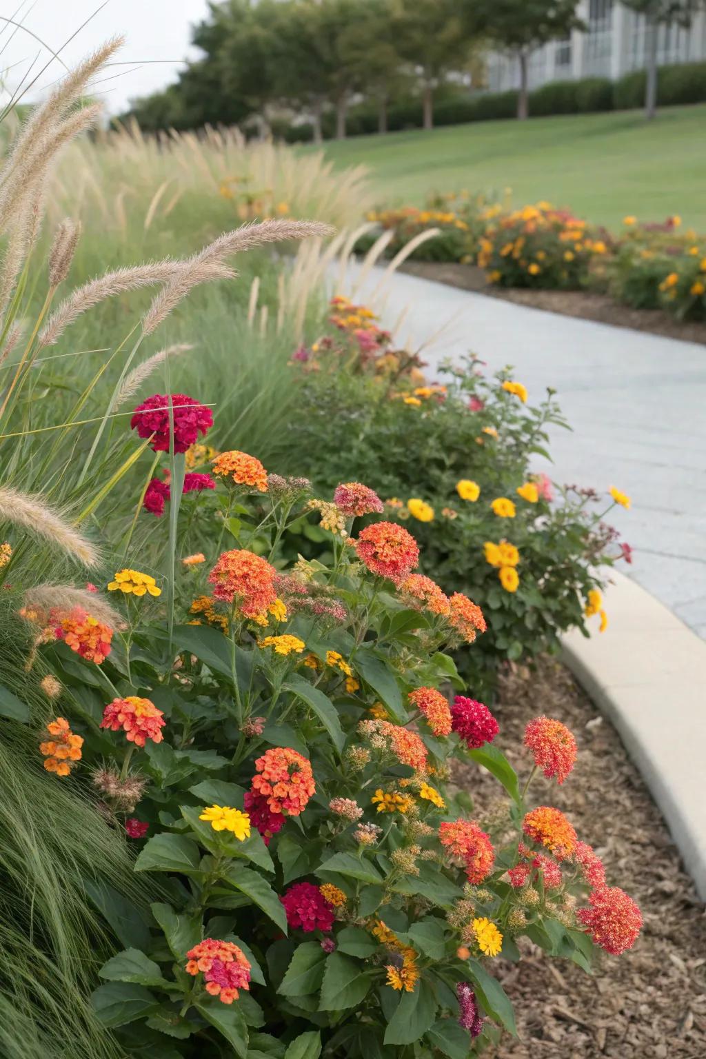 Lantana flowers paired with ornamental grasses, adding texture and movement to the garden.