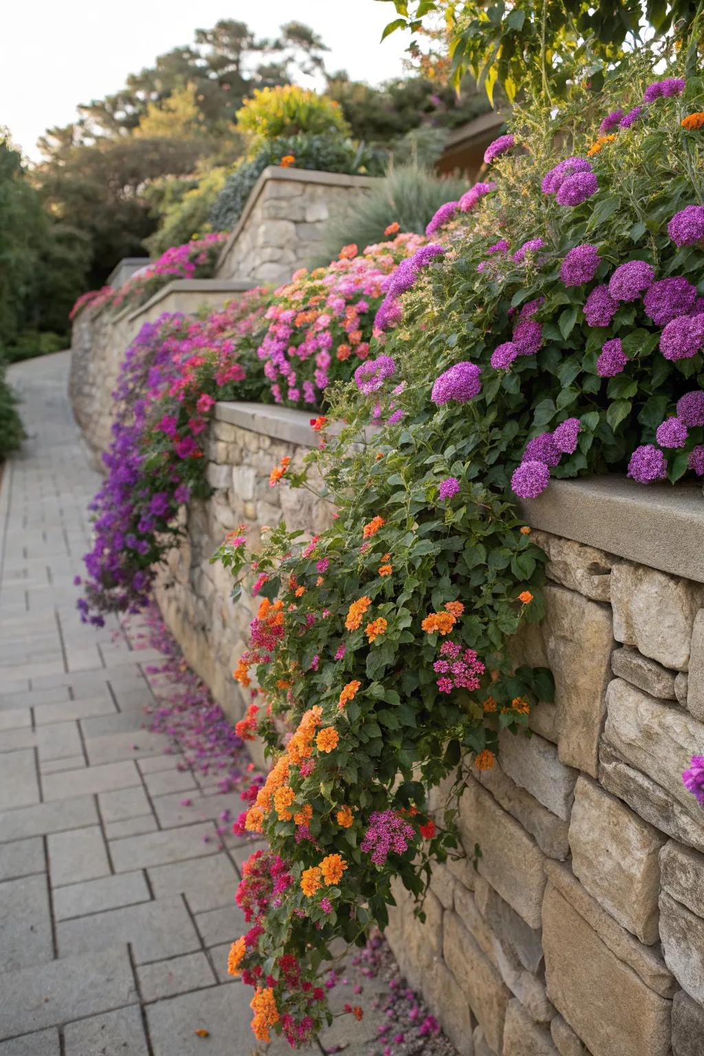 Lantana cascading over a garden wall adds elegance and color.