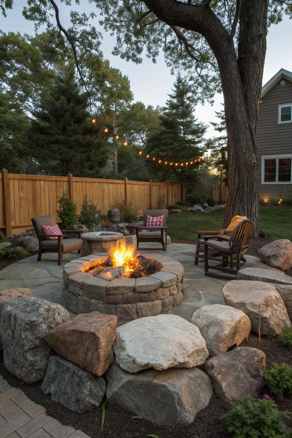 Boulders add rustic charm to this inviting fire pit area.