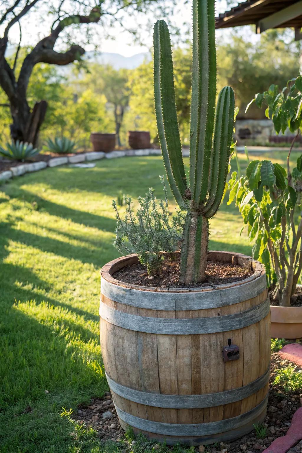 A wooden barrel planter adds rustic charm and warmth to any outdoor space.