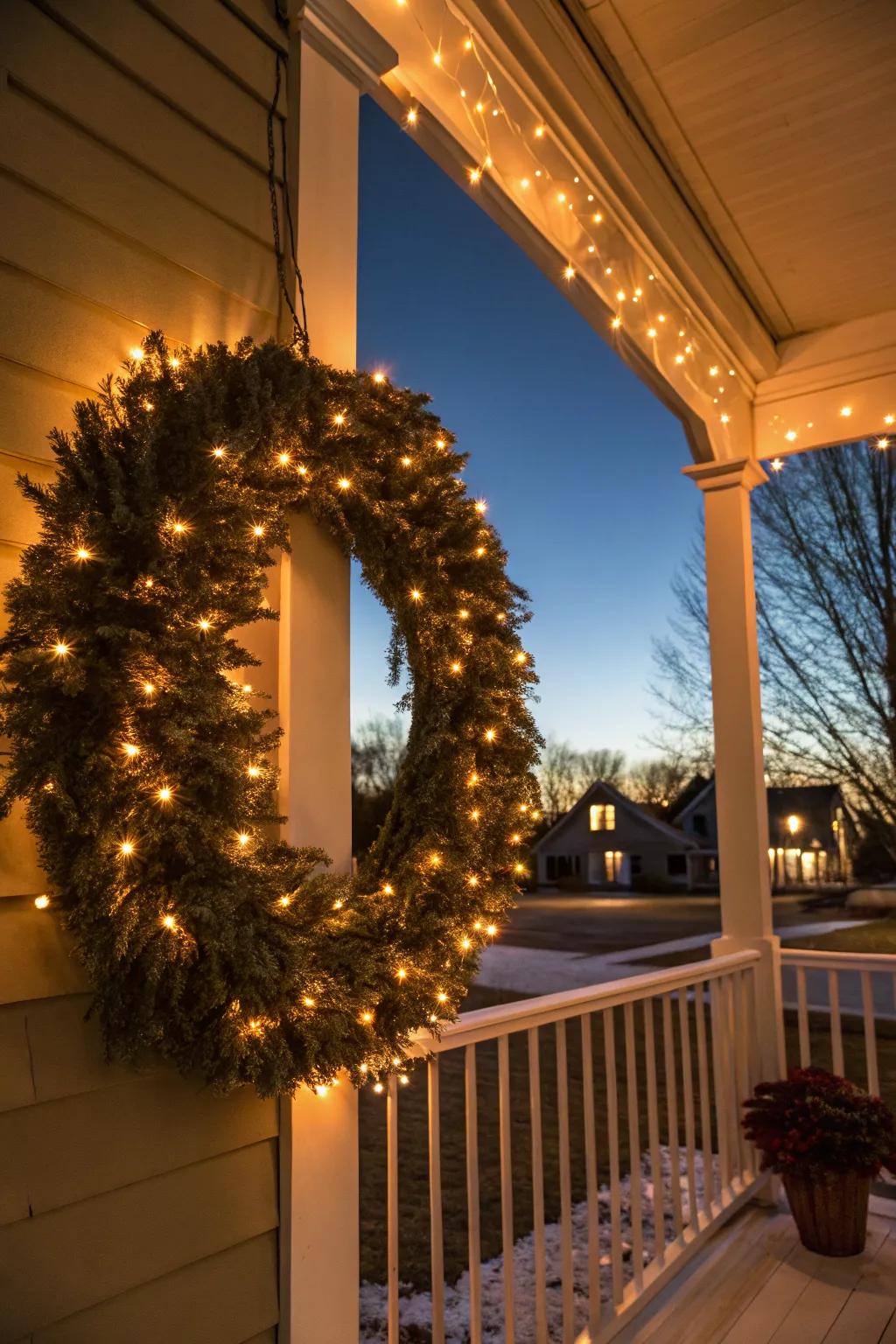 Twinkling lights transform a wreath into a glowing beacon of holiday cheer.