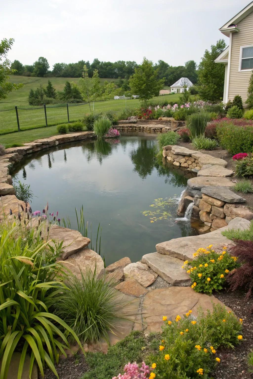 Natural stones beautifully define the edges of a large pond.