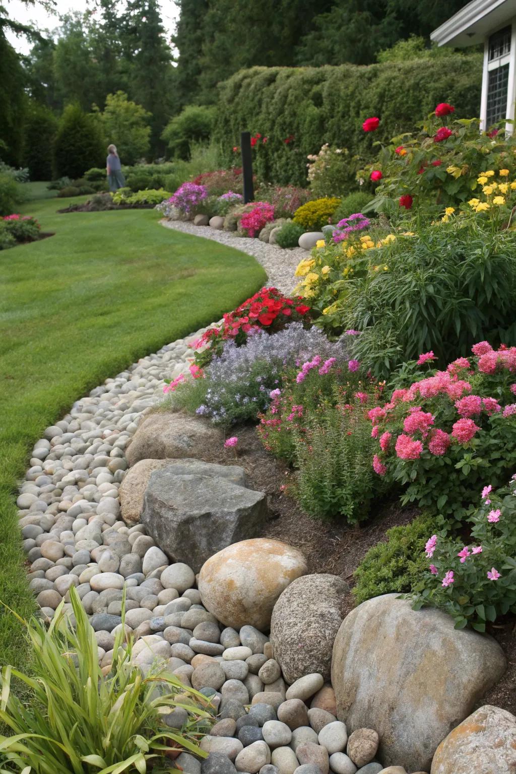 Distinct garden borders enhanced by large river rocks.