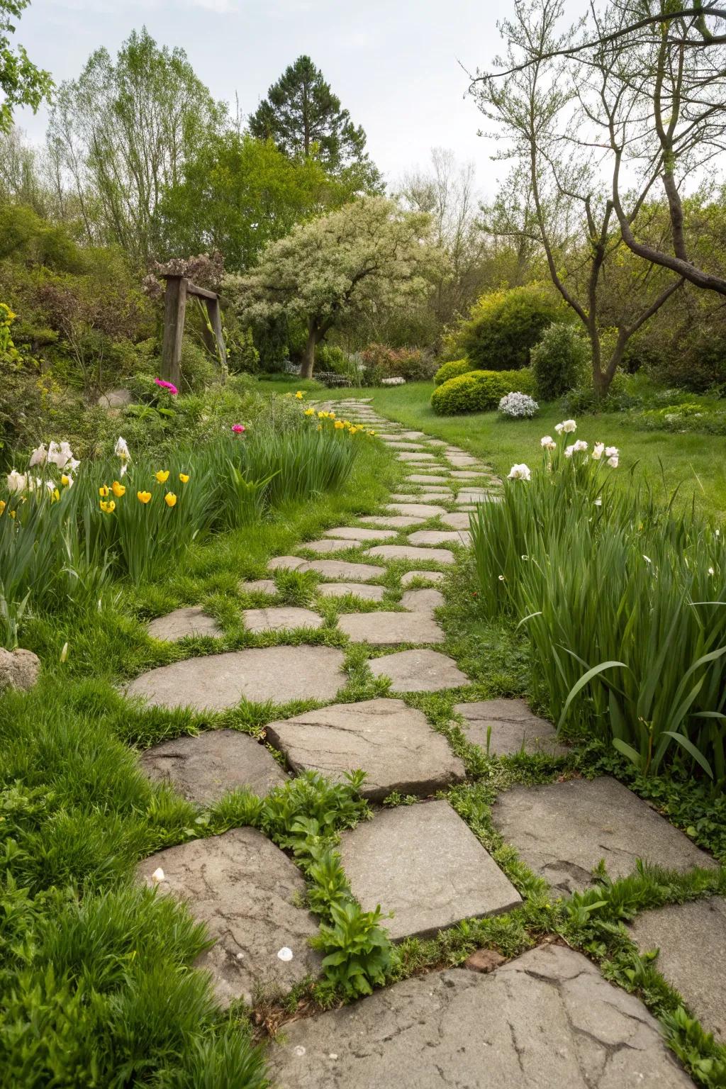 Stepping stones with grass peeking through create a harmonious blend.