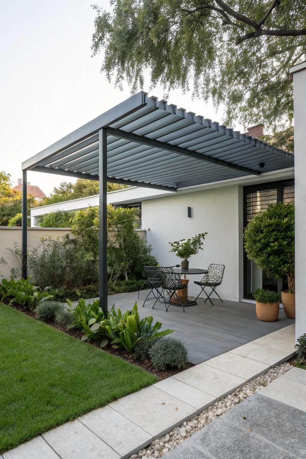 Achieve a sleek look with a modern metal lattice patio cover.