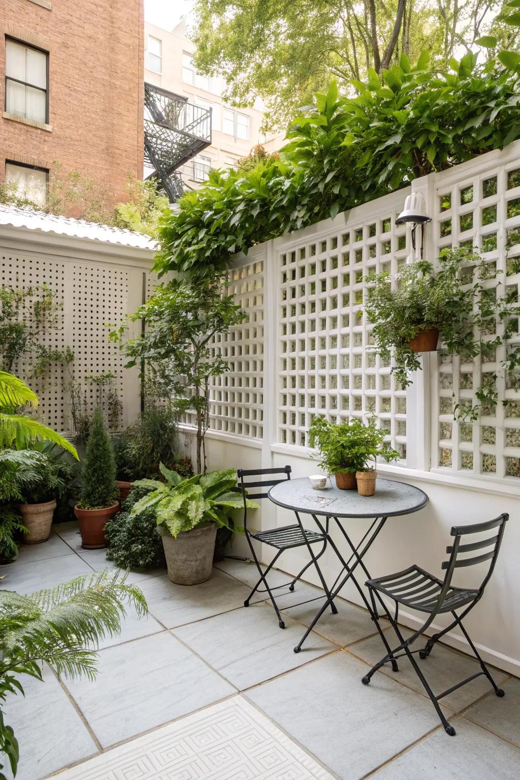 A private patio retreat enhanced by a beautiful white lattice wall.