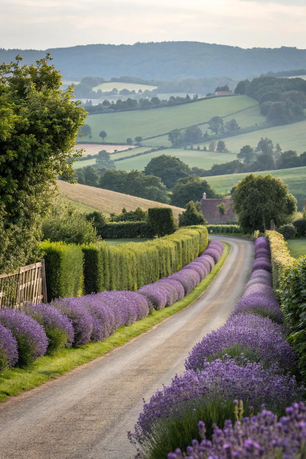 Lavender hedges create a welcoming entrance along a driveway.
