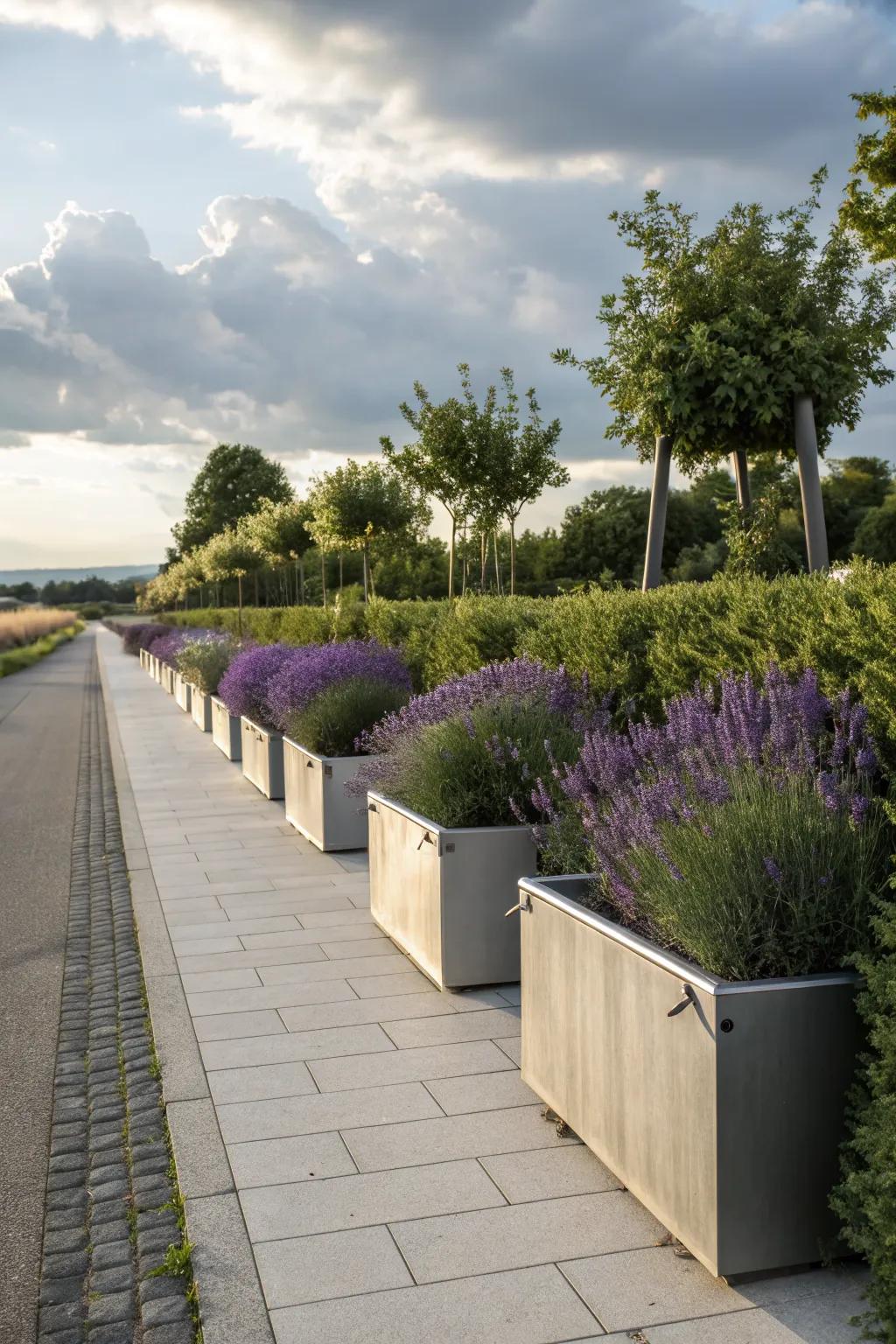 Lavender in sleek metal planters for a modern garden look.