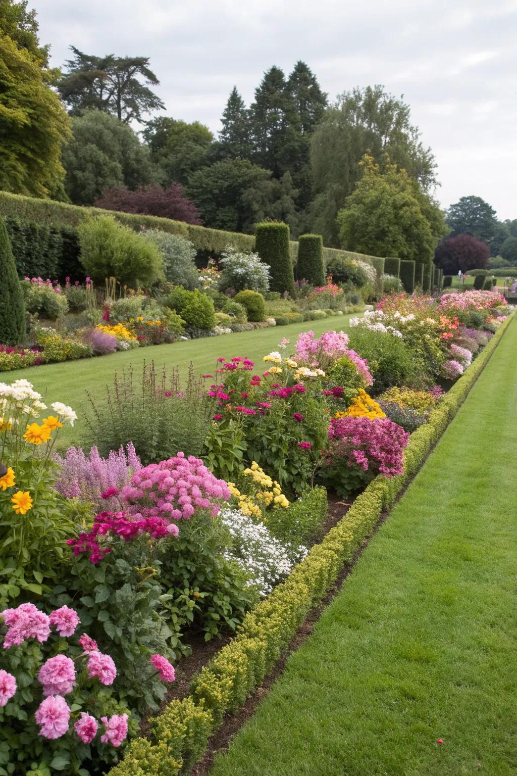 Vibrant flower beds serve as a beautiful natural lawn divider.