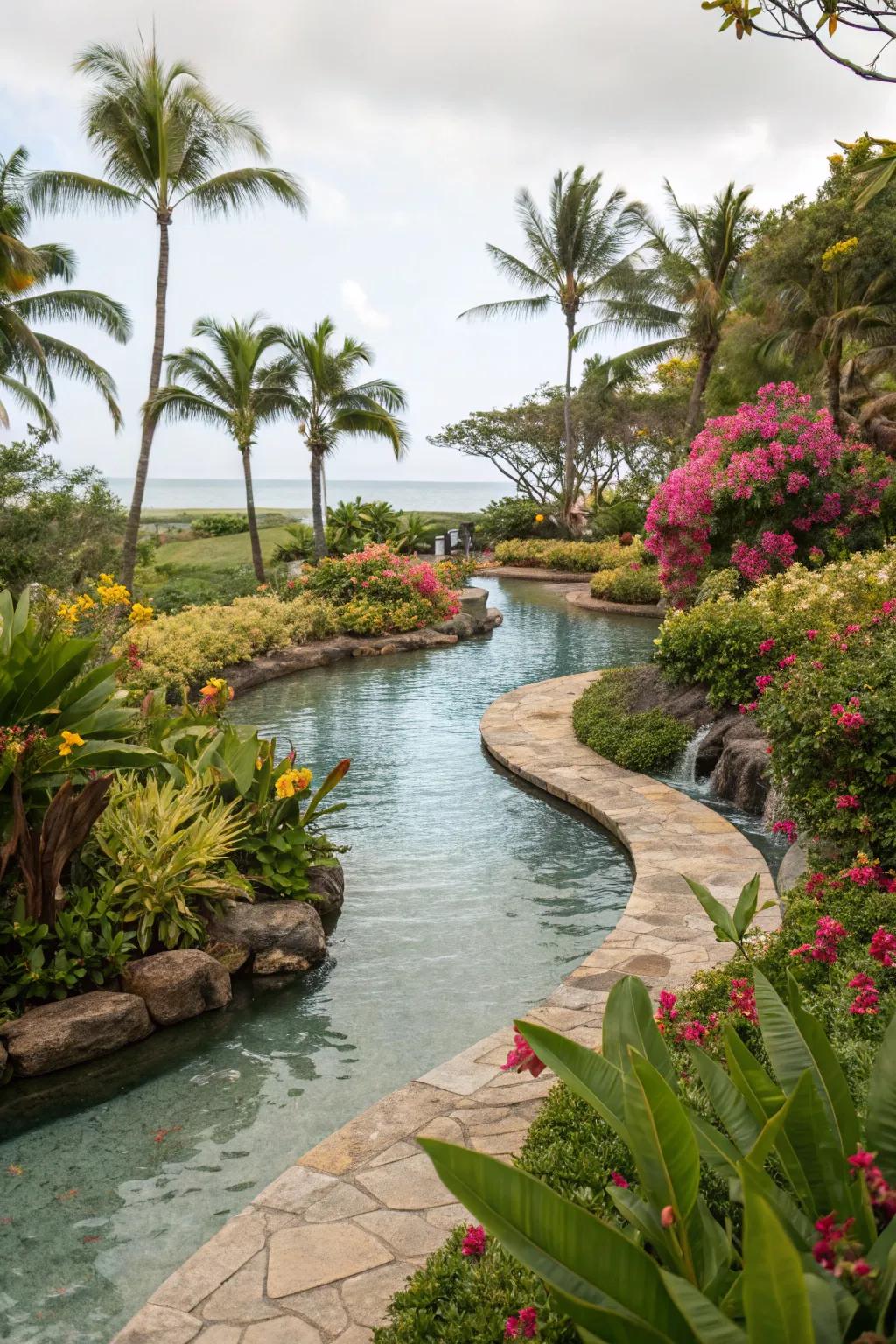 A lazy river pool surrounded by tropical landscaping, offering a vibrant and refreshing atmosphere.