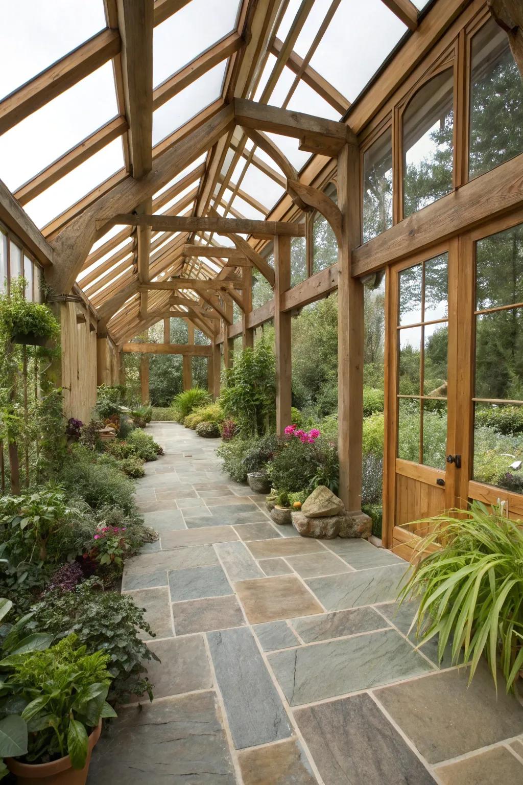 A conservatory featuring natural wood and stone elements for a cozy feel.