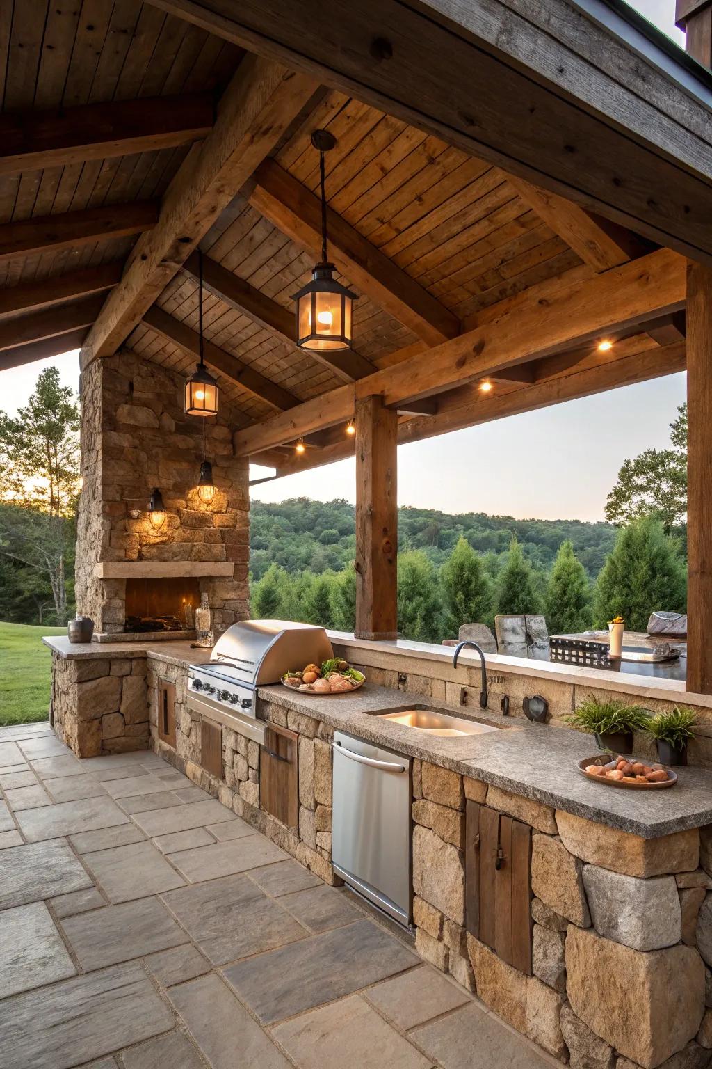 Rustic charm with stone and wood elements in your outdoor kitchen.