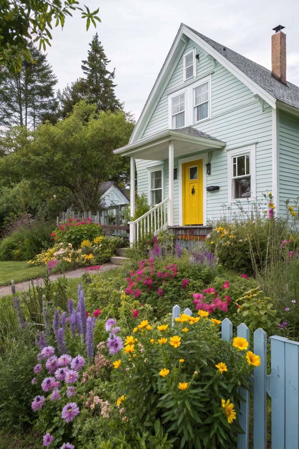 A yellow door offers a sunny and inviting entrance.