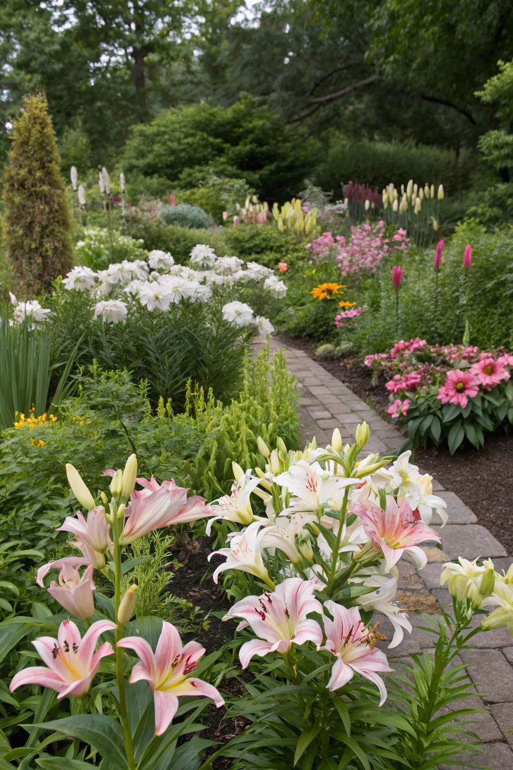 Lilies mixed with contrasting plants add depth to the garden