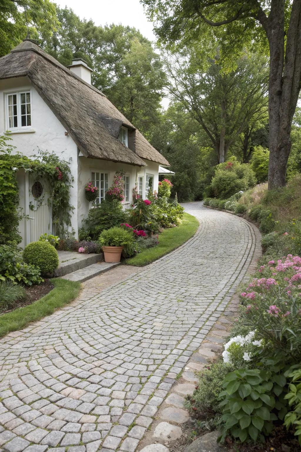 Cobblestone borders adding a classic touch to a limestone driveway.