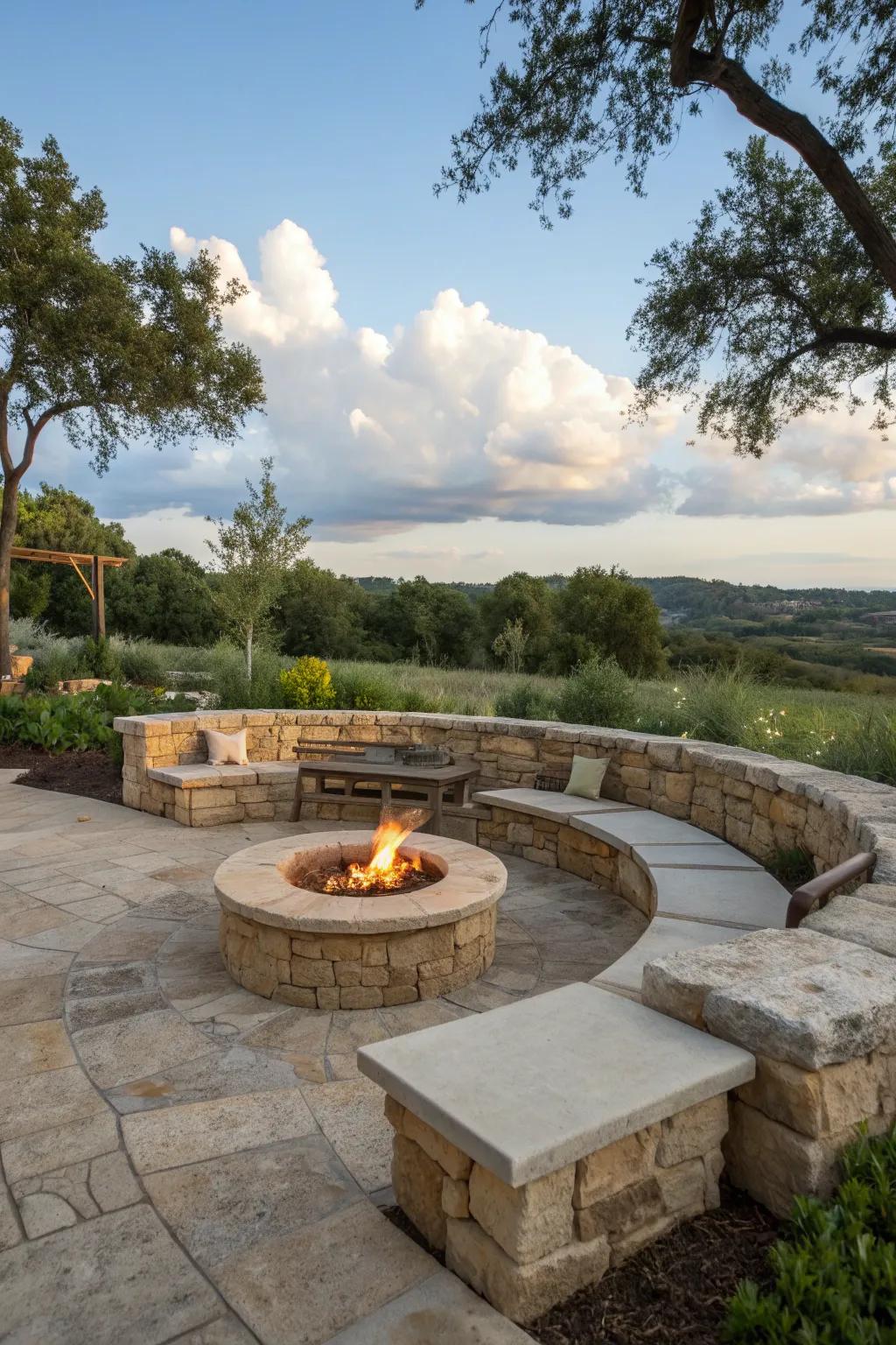 A limestone fire pit is perfect for cozy gatherings.