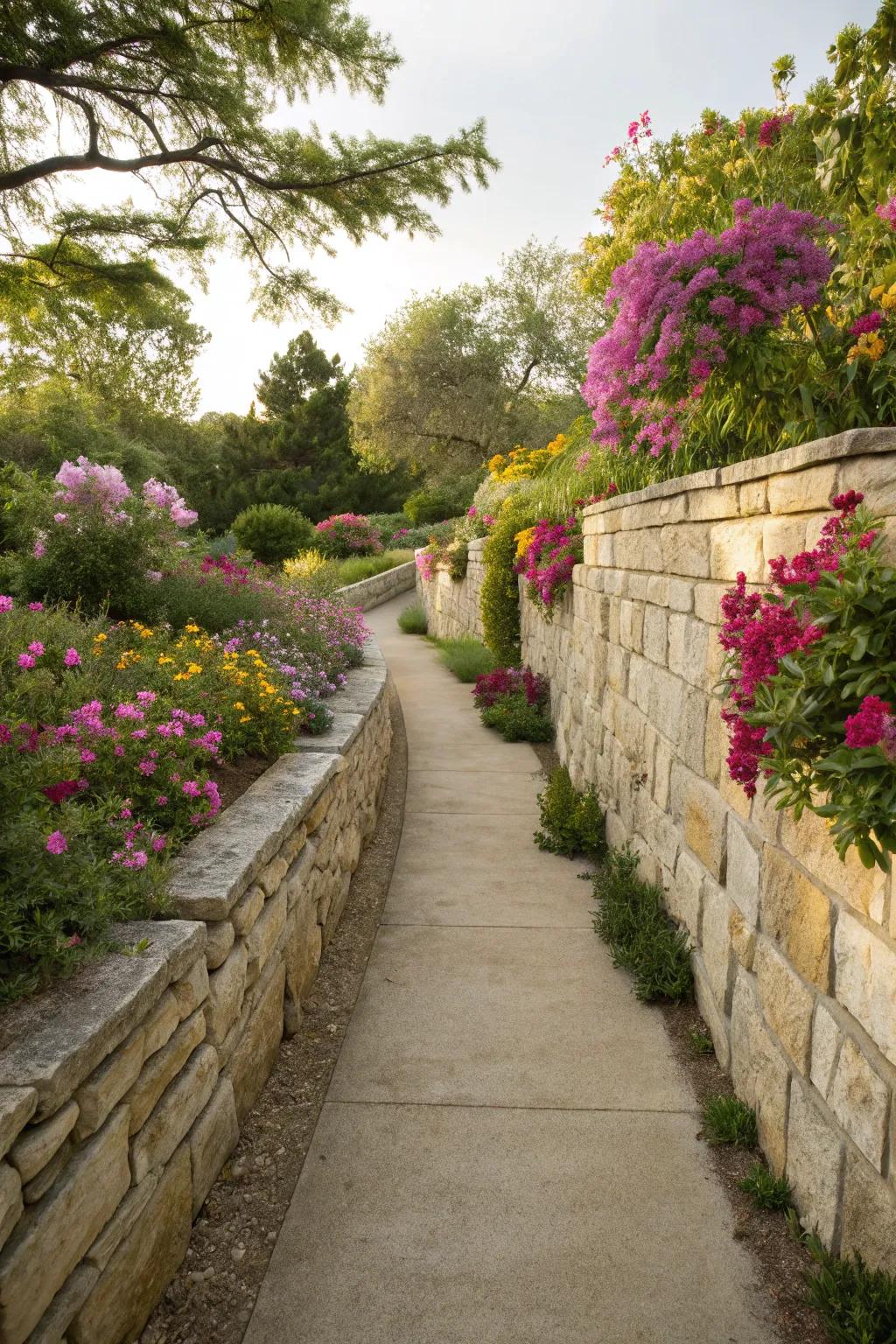 Limestone walls guide and beautify garden pathways.