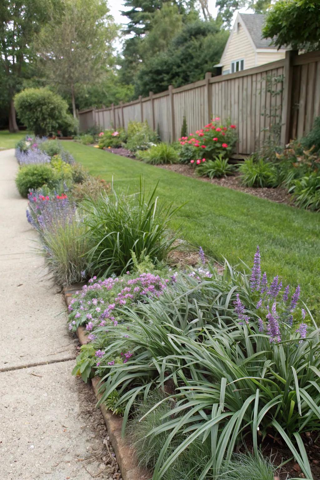 Liriope providing a clean and defined edge to a garden bed.