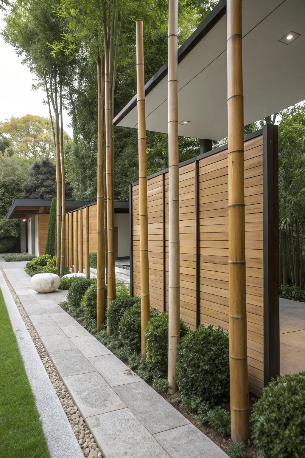 A modern bamboo and wood fence blending natural elements with contemporary design.