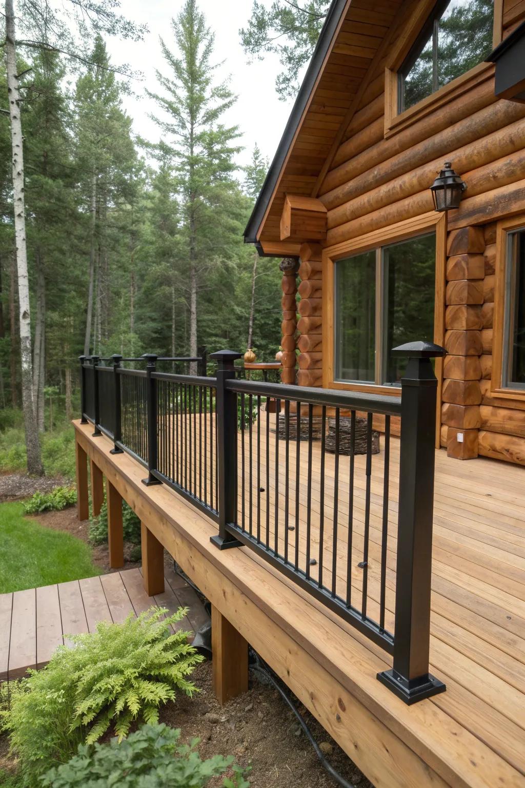 A modern touch: wooden rails combined with sleek metal spindles on a log cabin deck.
