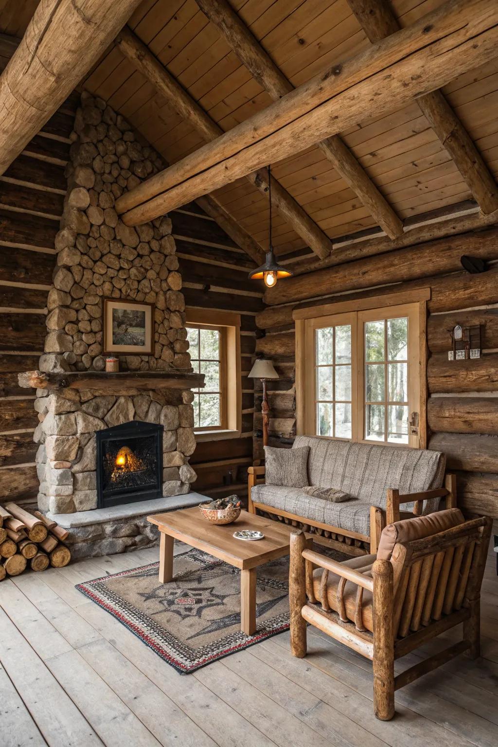 A beautifully rustic log cabin interior with authentic wood details.