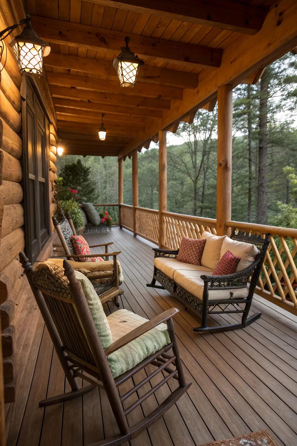A cozy seating area on a log cabin porch, perfect for relaxation and enjoying the natural surroundings.