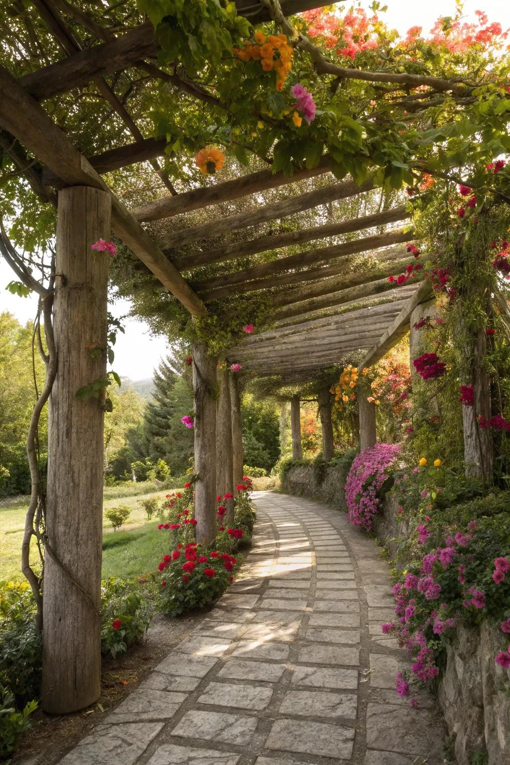 A log pergola gracefully adorned with climbing vines.