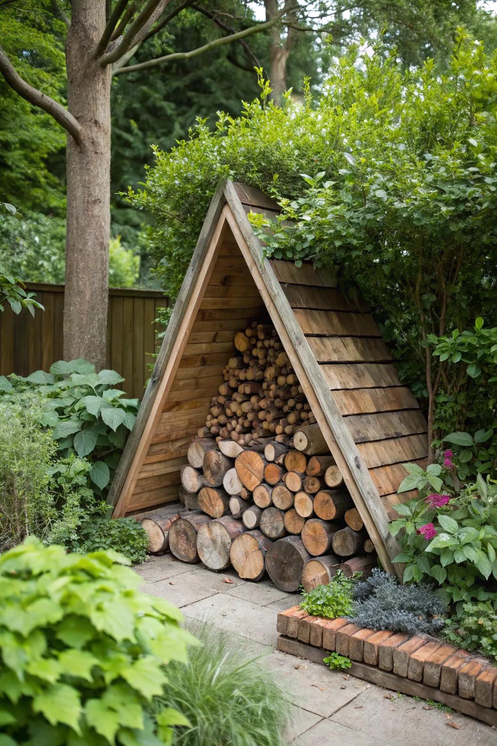 Triangular log stores maximize space and airflow.