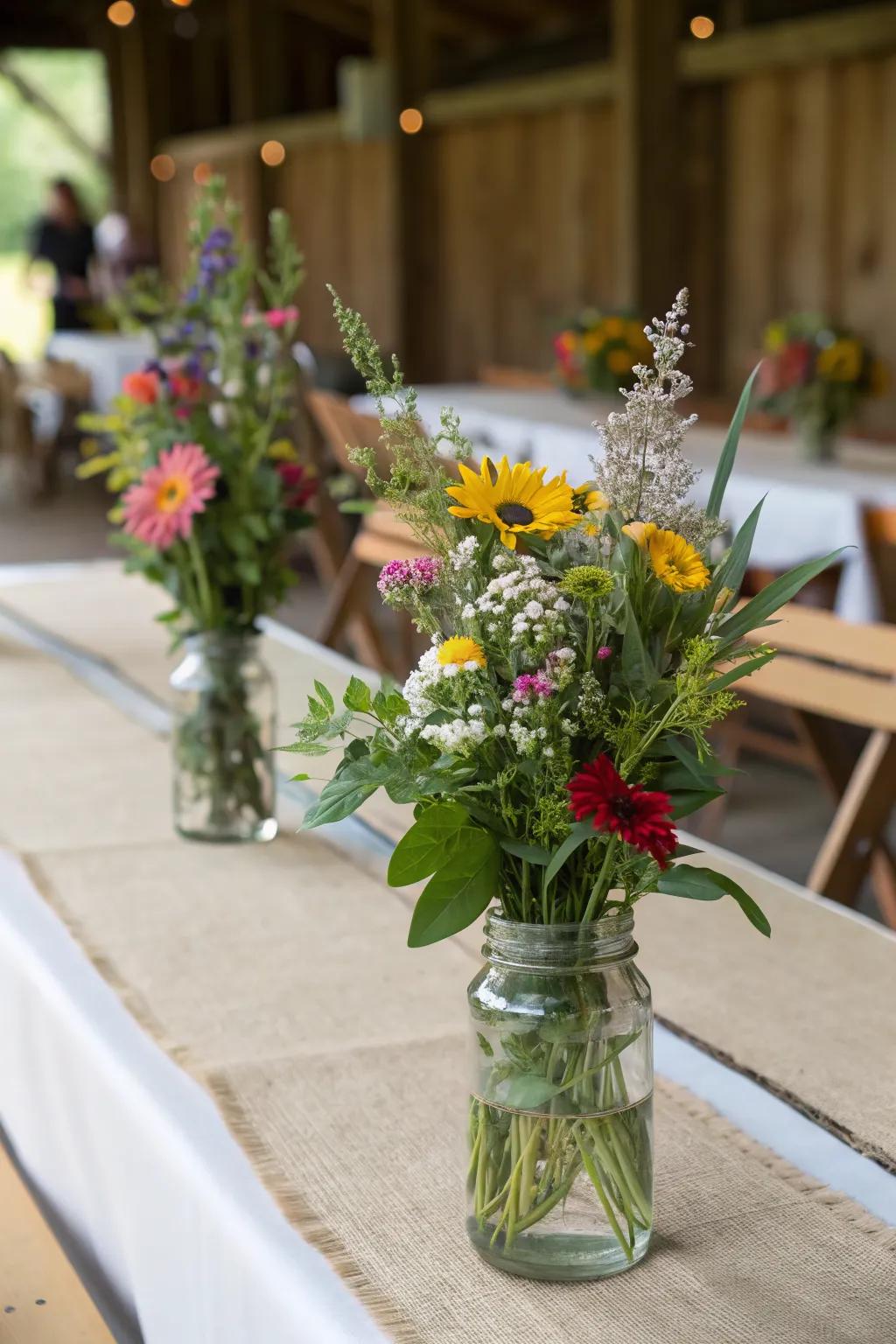 Use local flowers in mason jars for charming and cost-effective table decor.