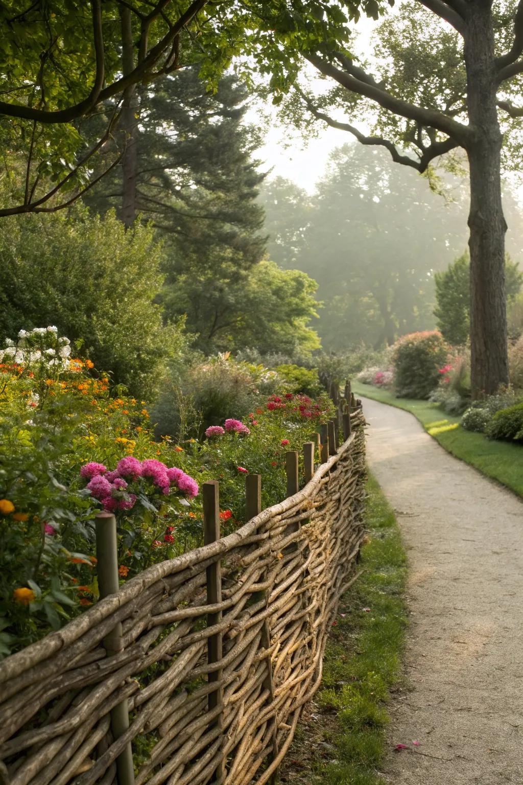 Natural branches create a rustic, eco-friendly garden boundary.