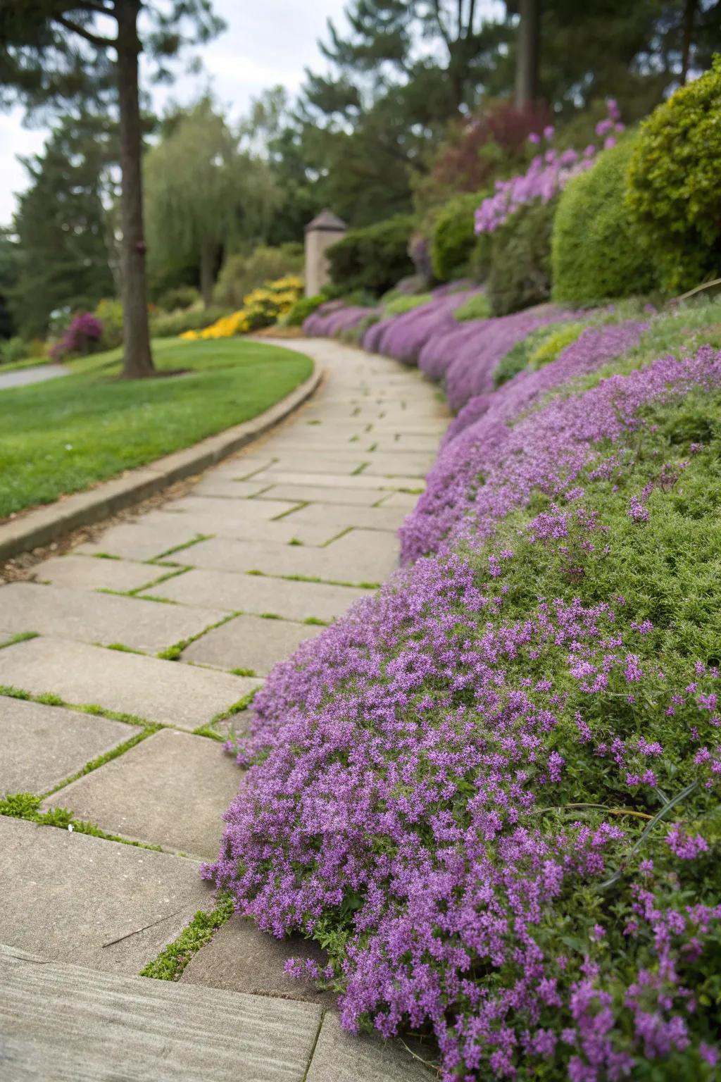 Creeping thyme offers a fragrant and colorful ground cover.