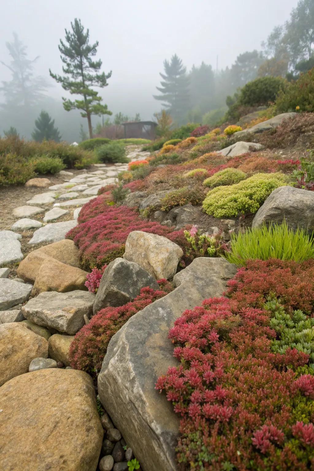 Colorful stonecrop plants nestled in a charming rock garden.