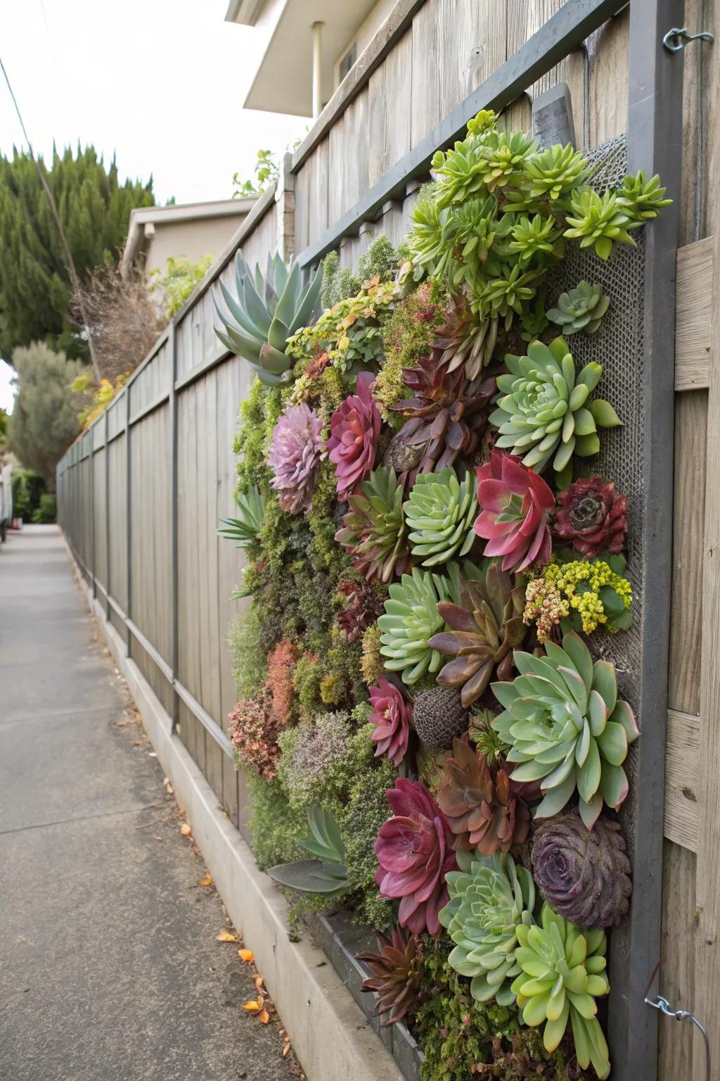 A vertical succulent wall transforms any plain fence into a vibrant feature.