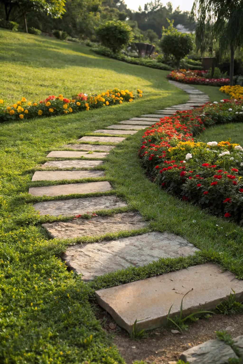 Stepping stones offer a playful path with minimal maintenance.